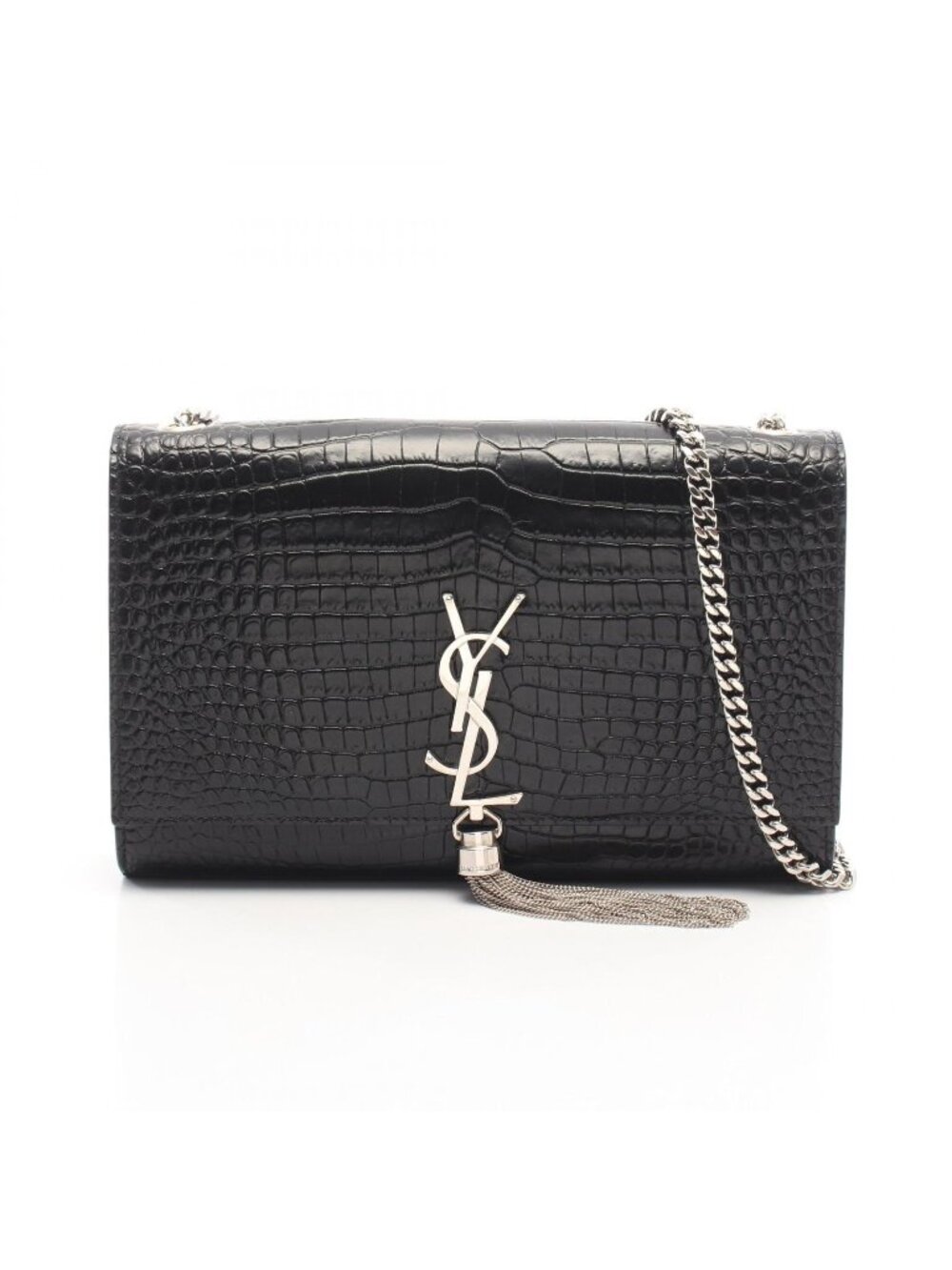 Saint Laurent Paris Shoulder Bag Kate Monogram Croco Embossed Black Leather
